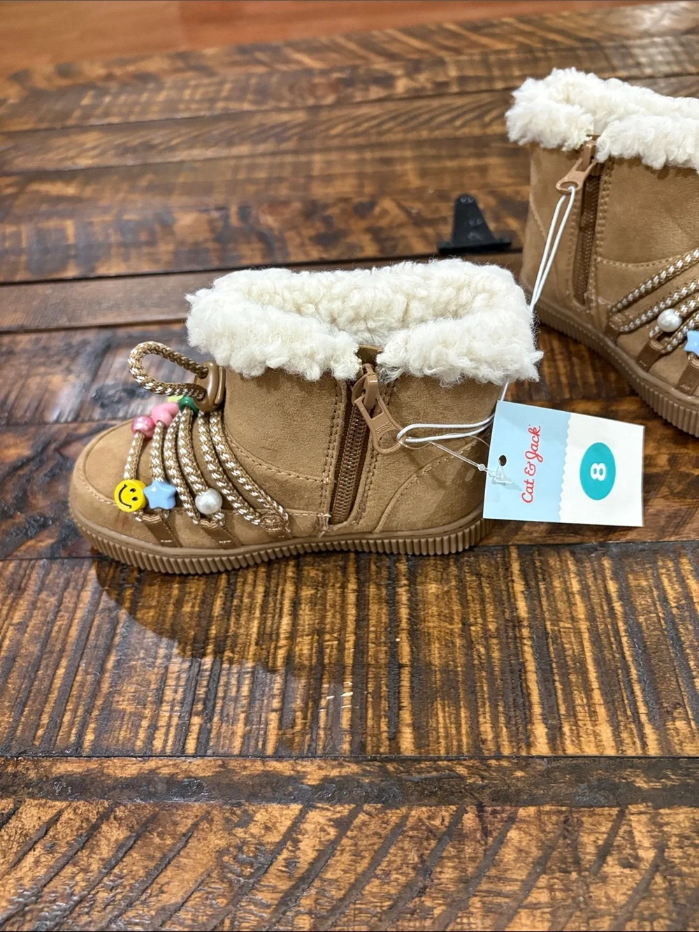 Cat & Jack Tan Faux-Shearling Kids Boots with Beaded Laces